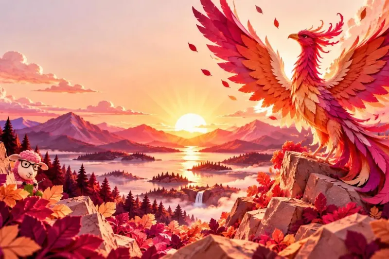 Papierlandschaft im Morgenrot: Ein Ph&ouml;nix aus Papierfedern steigt &uuml;ber Bergen und einem See auf, vorne sitzt ein rosa Schaf mit Brille im Herbstlaub.