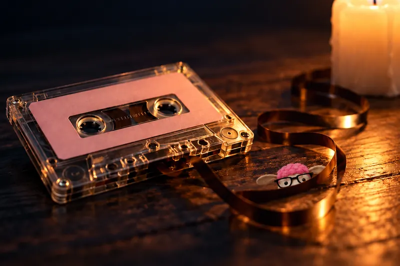 Eine rosa Kassette liegt auf dunklem Holz, daneben brennt eine Kerze, ein Bandsalat schl&auml;ngelt sich zu einem kleinen Schaf mit Brille.
