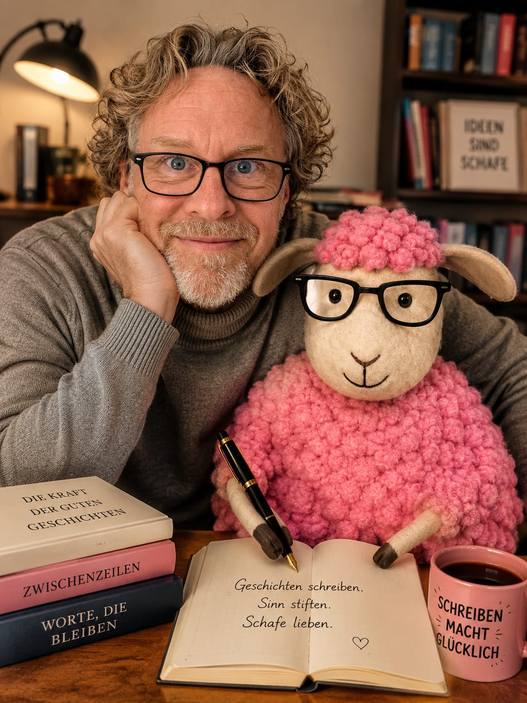 Jan Robbauer mit dem Rosa Schaf am Schreibtisch