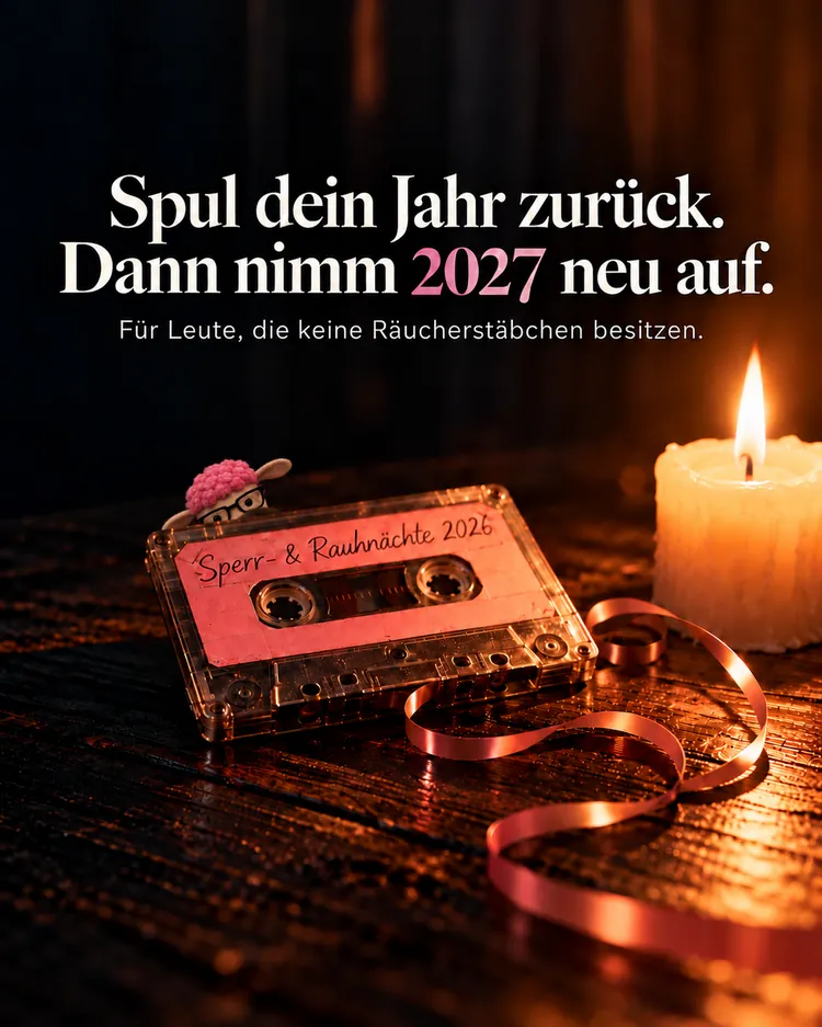 Spul dein Jahr zurück. Dann nimm 2027 neu auf. Für Leute, die keine Räucherstäbchen besitzen. Im Bild: eine rosa Kassette mit dem Etikett Sperr- und Rauhnächte 2026, daneben eine brennende Kerze und lose Bandschlaufen auf dunklem Holz.