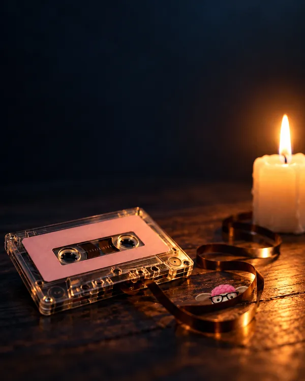 Eine rosa Kassette ohne Beschriftung liegt im Kerzenlicht, das Band ist lose daneben.