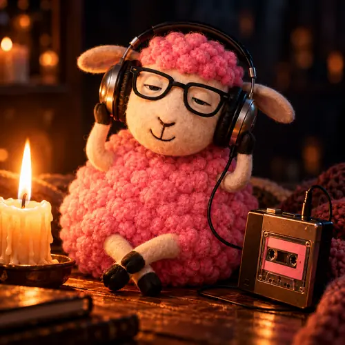 Das Rosa Schaf aus Filz mit Brille und Kopfhörern sitzt entspannt neben einer Kerze und hört Kassette auf einem Walkman.