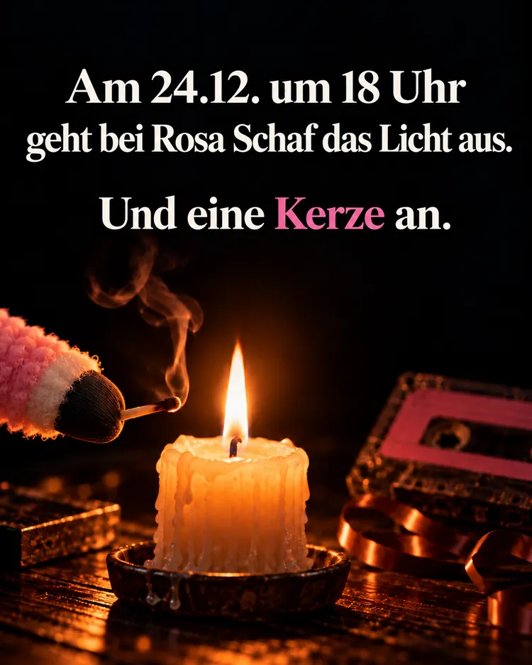 Am 24.12. um 18 Uhr geht bei Rosa Schaf das Licht aus. Und eine Kerze an. Im Bild: Eine Hand zündet mit einem Streichholz eine Kerze an, daneben liegt eine rosa Kassette mit losem Band.