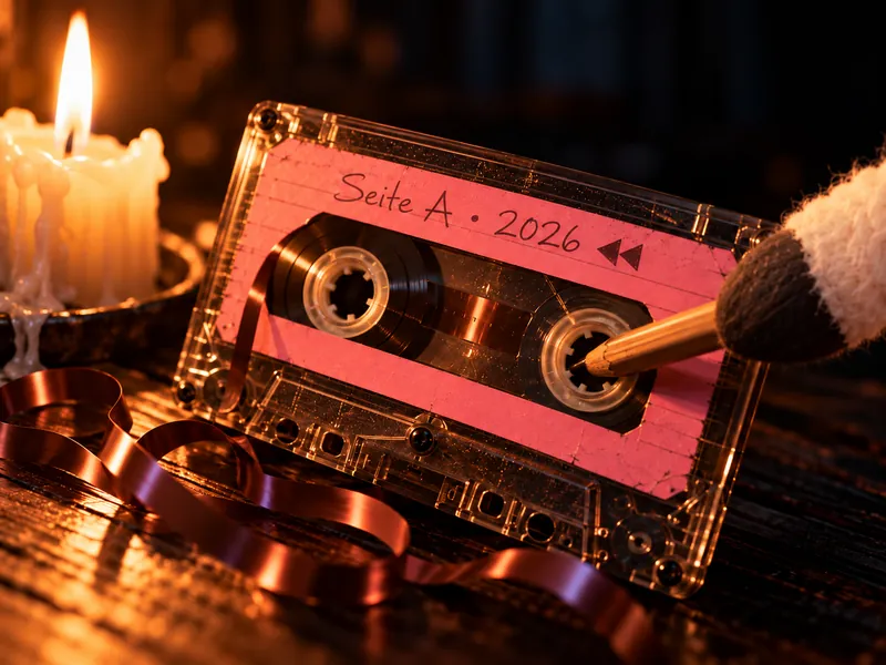 Etikett auf der Kassette: Seite A ·&nbsp;2026, mit Rückspulpfeilen. Ein Bleistift steckt in der Spule und dreht das Band zurück, daneben brennt eine Kerze.