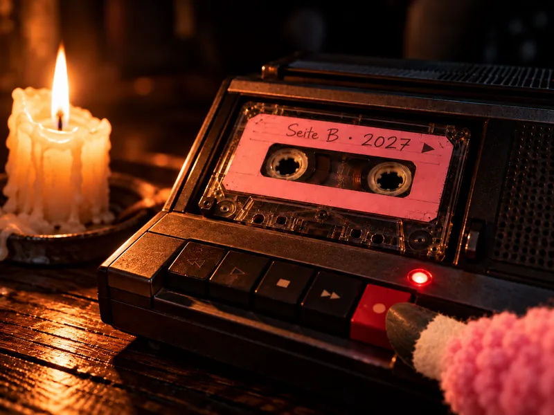 Etikett auf der Kassette im Rekorder: Seite B ·&nbsp;2027, mit Abspielpfeil. Ein Finger drückt die rote Aufnahmetaste, die Lampe leuchtet, daneben brennt eine Kerze.